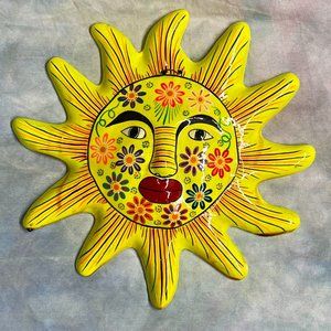 Mexican Talavera Style Hand Painted Pottery Sun Face Wall Hanging